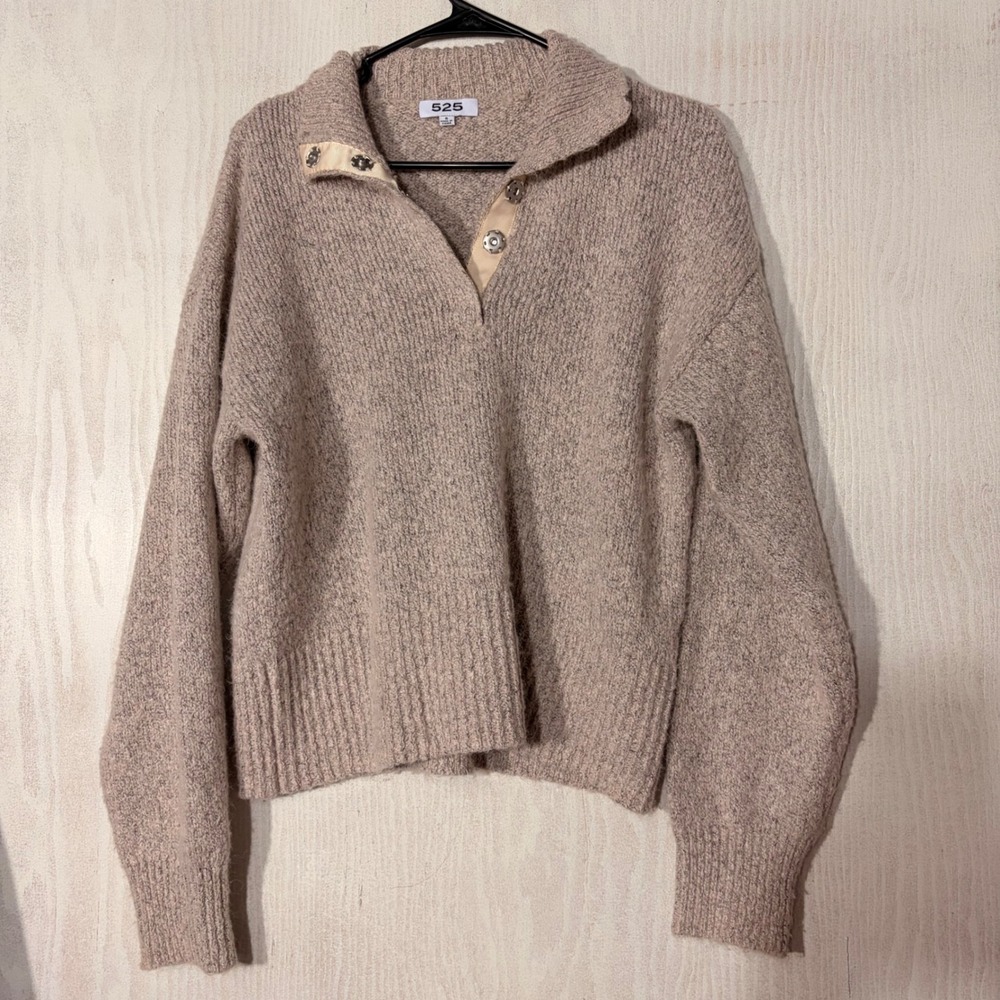 525 America Pullover Sweater Womens Small Beige Marled Snap Neck Henley